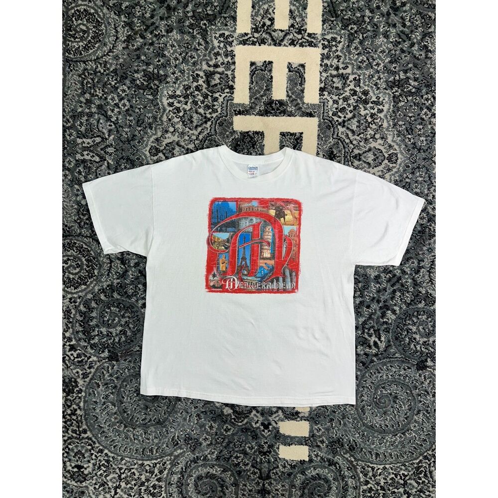 Vintage Mens Y2k Gildan Mediterranean Tshirt Size 2XL White
